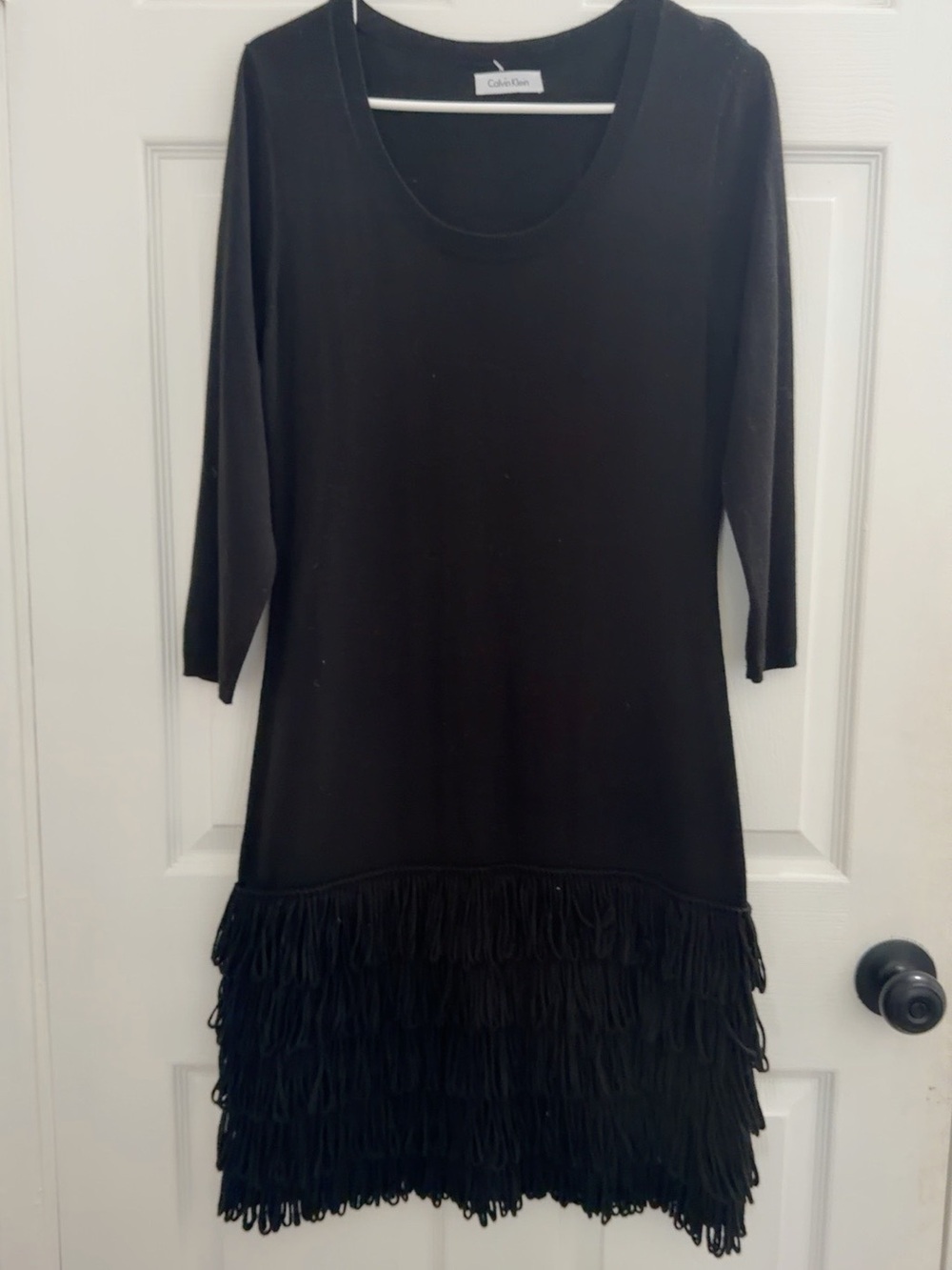 Calvin Klein Black Long-Sleeve Fringe Hem Dress